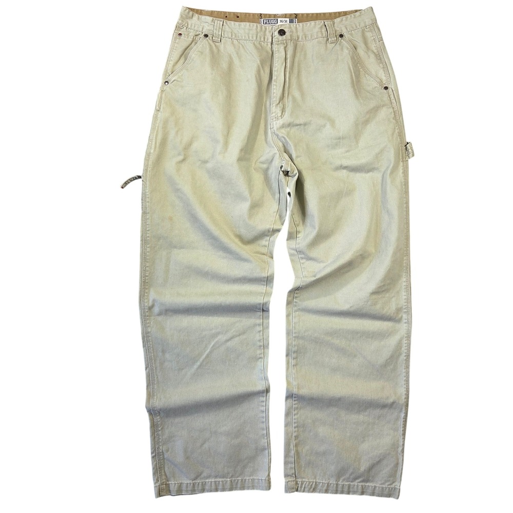 Plugg Mens Carpenter Pants 36x34 Khaki Tan Cotton Relaxed Workwear Utility Y2K